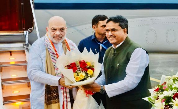 Tripura CM Dr Manik Saha welcomes HM Amit Shah at MBB Airport, Agartala.